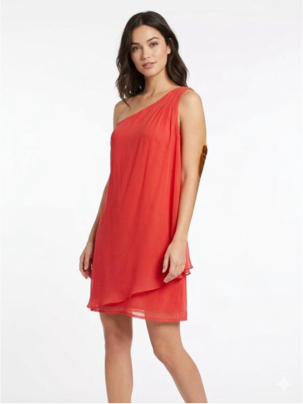 Ya Los Angeles 75% Silk One-Shoulder Asymmetrical Chiffon Mini Dress Orange Med